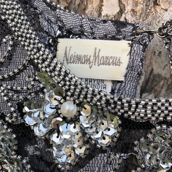 Vintage Neiman Marcus Silver Beaded Long Sleeve Drop Waist Dress Gown Medium - Picture 2 of 12